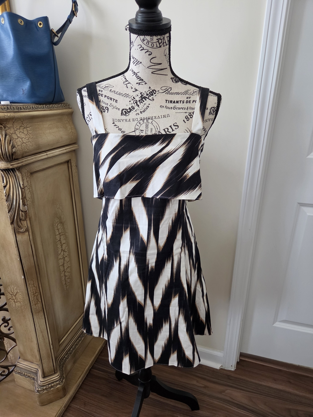 Banana Republic Black, White and Brown Printed Linen Blend Dress
